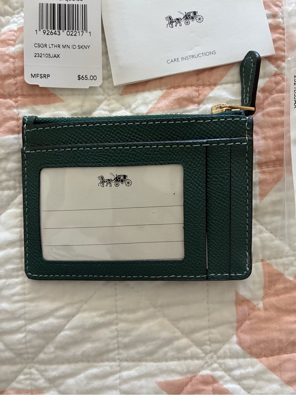 New Coach mini ID Case Leather Zip Card Holder forest green dark turquoise - Picture 3 of 6